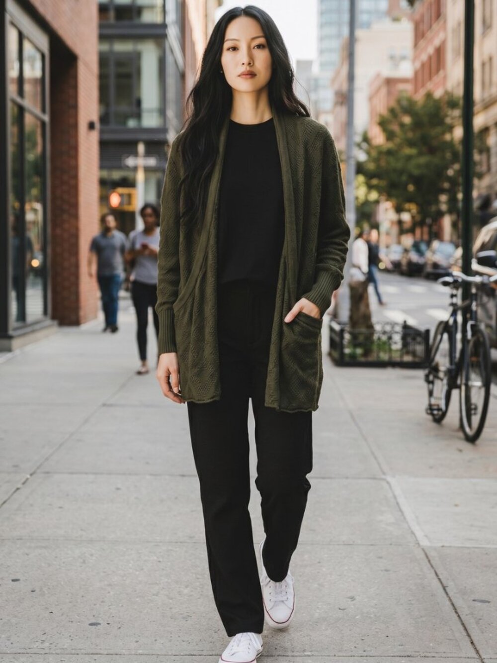 Market & Spruce Olive Green Open-Front Knit Cardigan